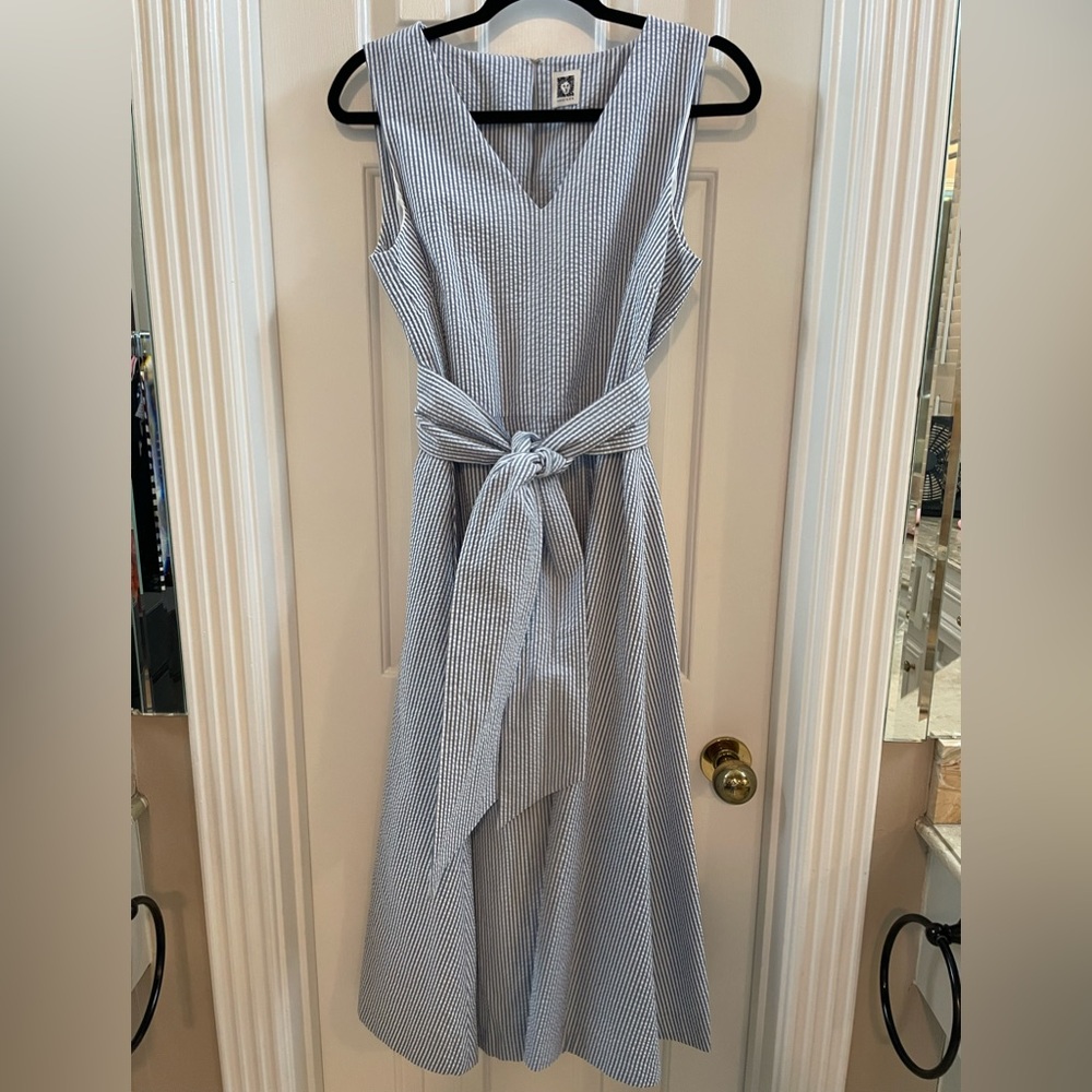 Sleeveless Blue Stripe Seersucker Tie-Waist Dress